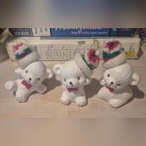 Avon White Polar Ceramic Bear Ornaments W/knit Chrismas Hats X3